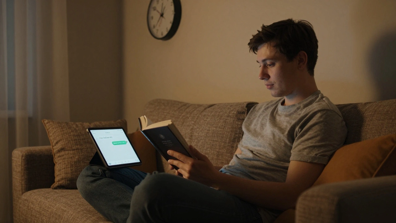 Разработчик отдыхает вечером в Новосибирске, читает книгу, на экране прочитанное сообщение — нет давления, спокойная атмосфера.