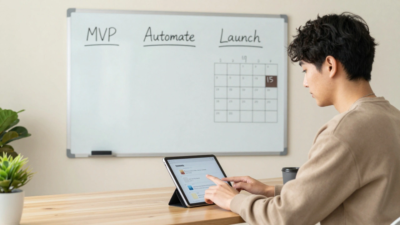 Разработчик удалённо работает днём, на стене — план запуска проекта за 14 дней с минимальными задачами.