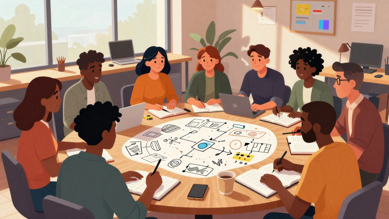 Разработчики обсуждают задачи за столом во время рабочей встречи