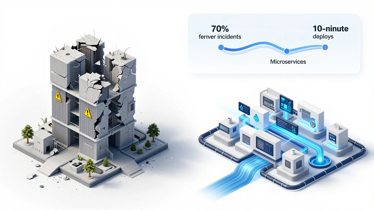 Разрушающийся монолит слева и масштабируемая микросервисная архитектура справа, с метриками роста и стабильности.