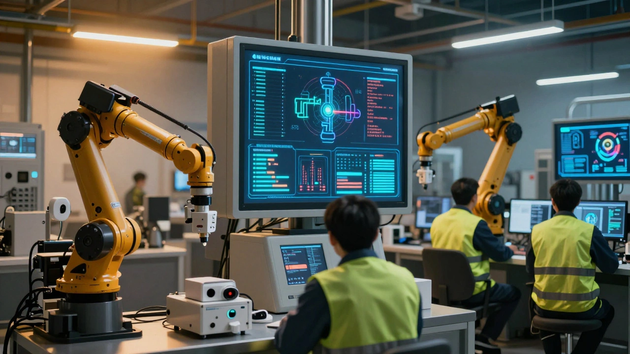 Роботы и датчики в автоматизированном цеху с контролем состояния оборудования через AI-панели.