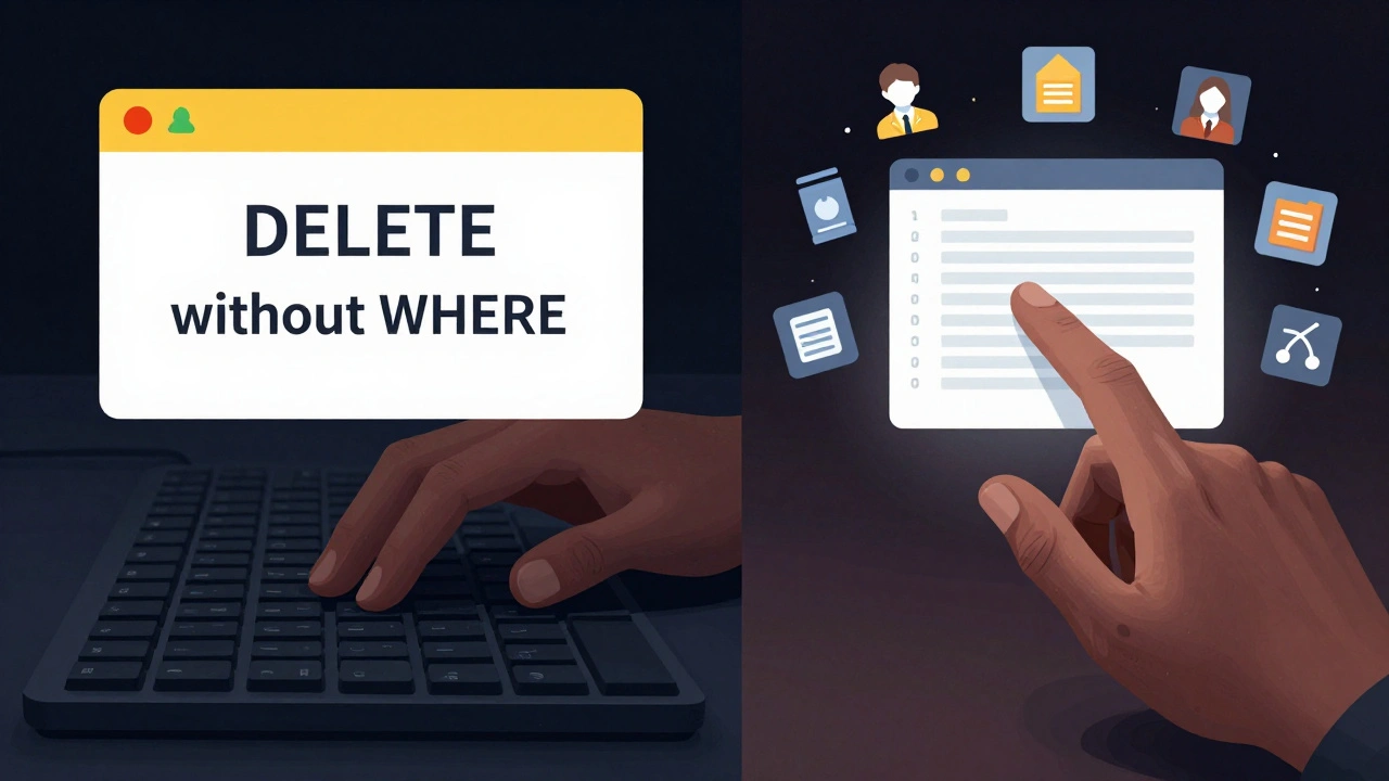 Рука над клавиатурой: слева — опасный запрос, справа — уверенный и точный SQL-запрос с результатами