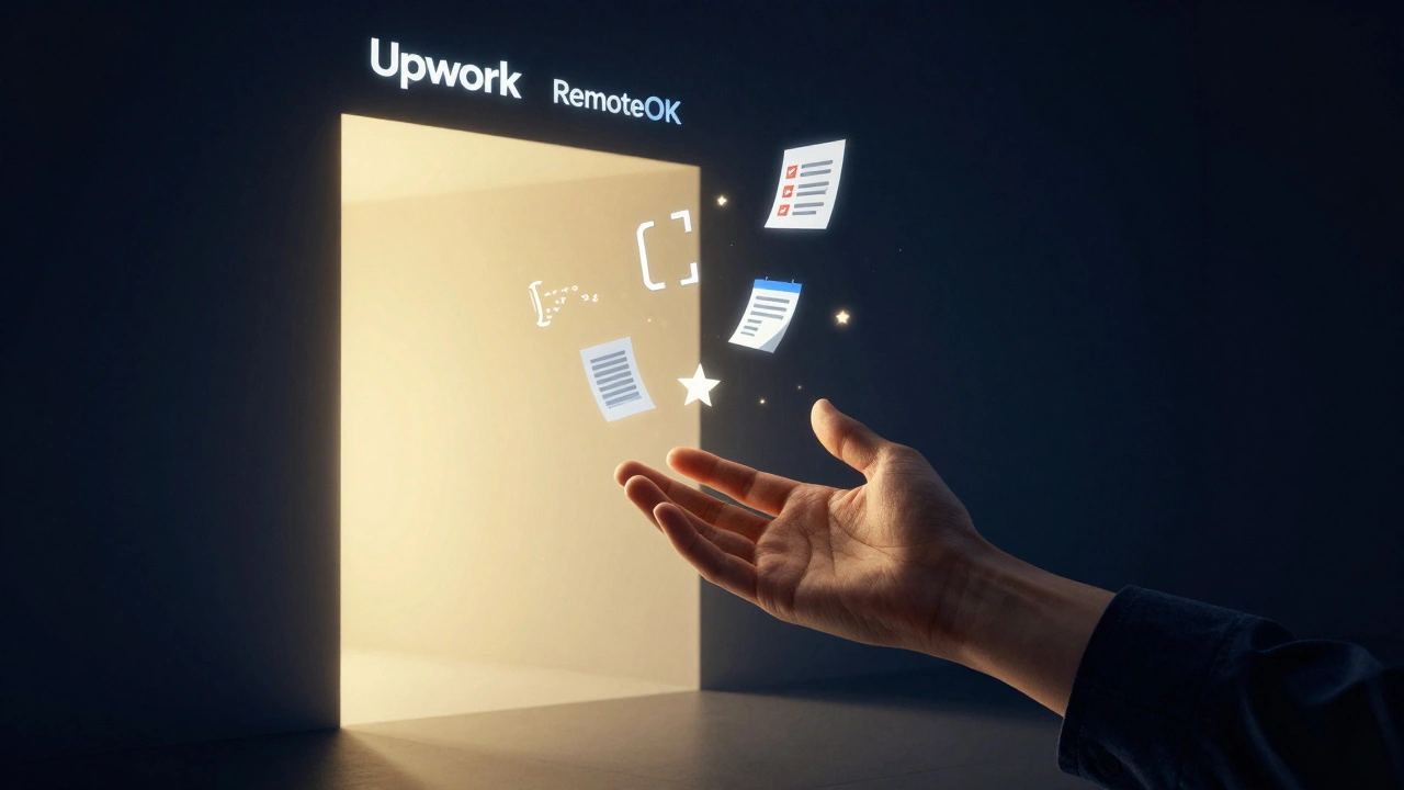 Рука протягивается к светящемуся порталу с логотипами Upwork и RemoteOK, вокруг него витают иконки микрозадач: чек-лист, скрипт, таблица, звезда отзыва.