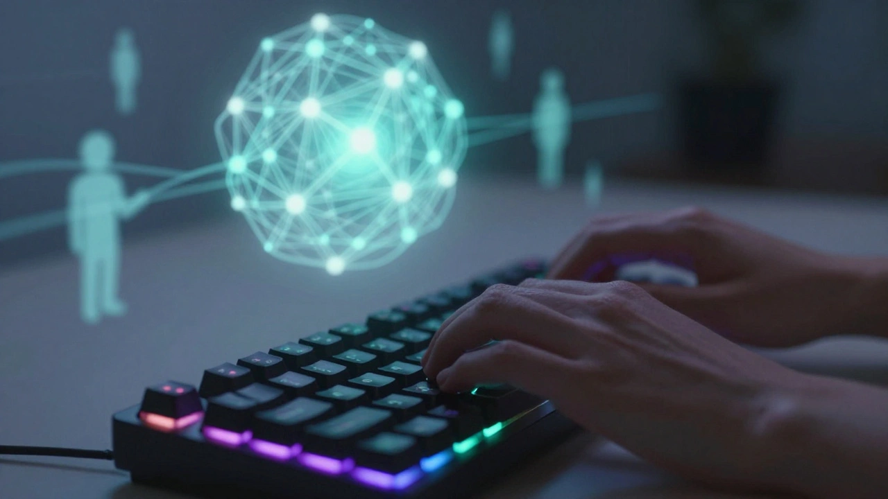 Руки на клавиатуре с визуализацией ИИ и сообщества на фоне.