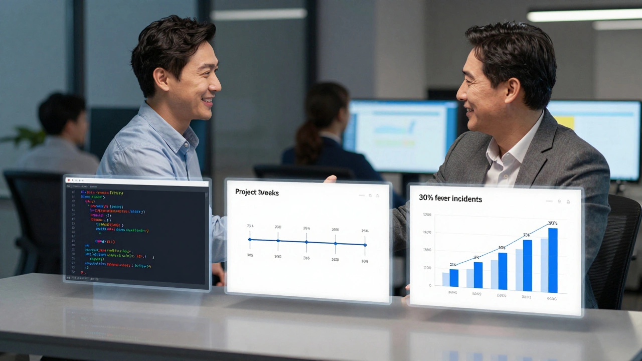 Руководитель и инженер рукопожатием подтверждают договоренность о росте, на столе — доказательства ценности.