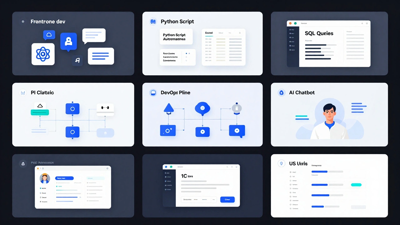 Семь профессиональных ролей в удаленной разработке: фронтенд, Python, SQL, DevOps, ИИ, 1С и UX-дизайн, изображены как отдельные панели в стиле минимализма.