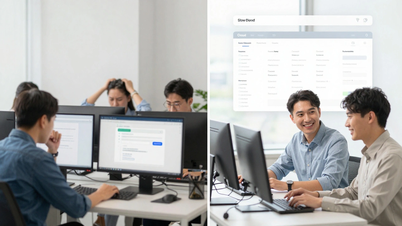 Сотрудники слева страдают от сбоев, справа — работают с эффективной автоматизированной системой.