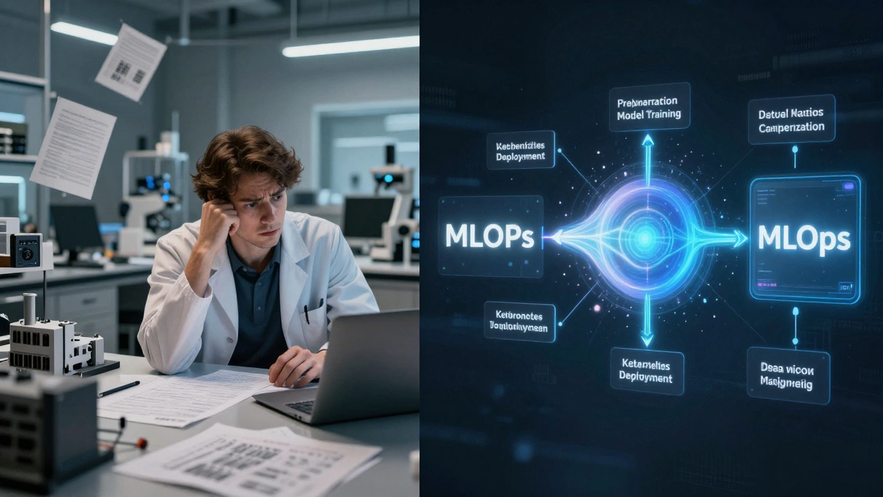 Сравнение хаотичного процесса обучения моделей и идеально автоматизированного MLOps-пайплайна.