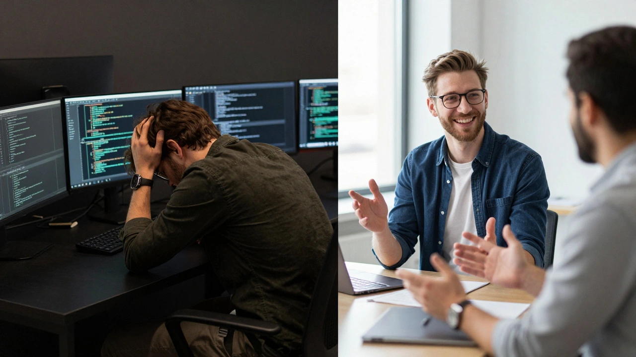 Сравнение: один и тот же программист — одинокий и уставший слева, и уверенный, общающийся справа, показывающий рост через менторство.