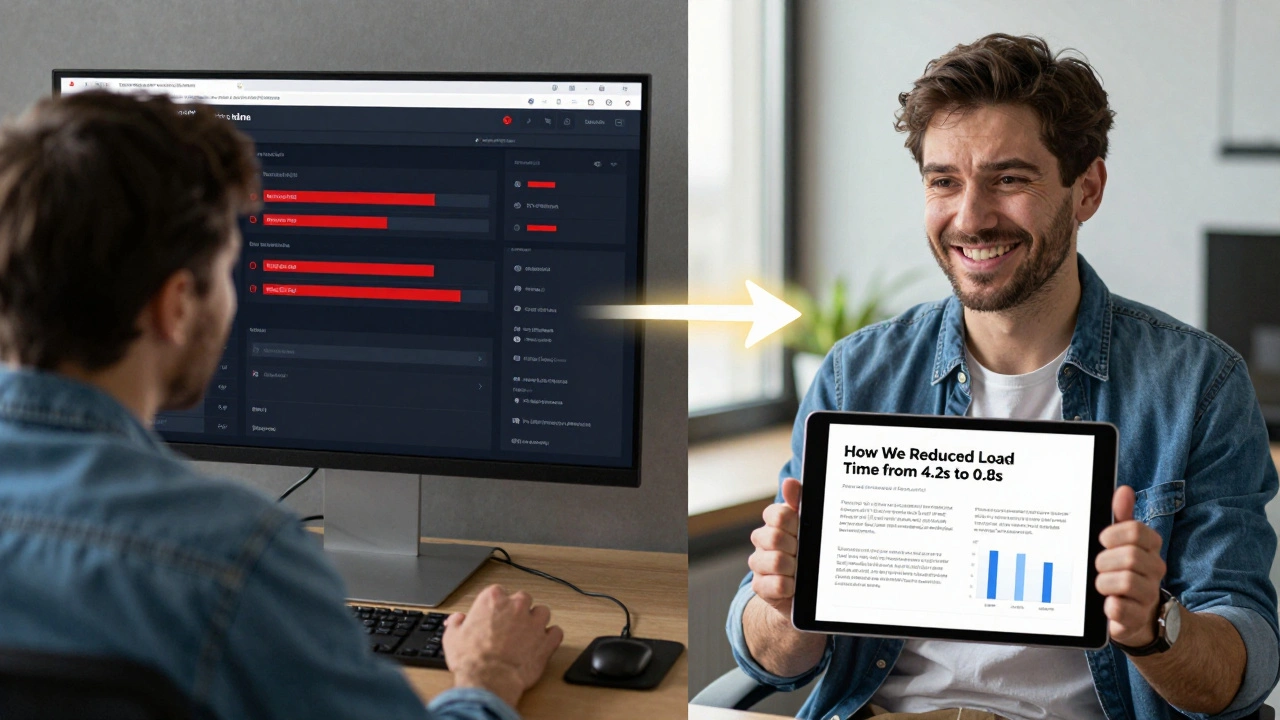 Сравнение: слева — паникующий клиент с ошибками на экране, справа — тот же клиент с успешным кейсом на планшете.