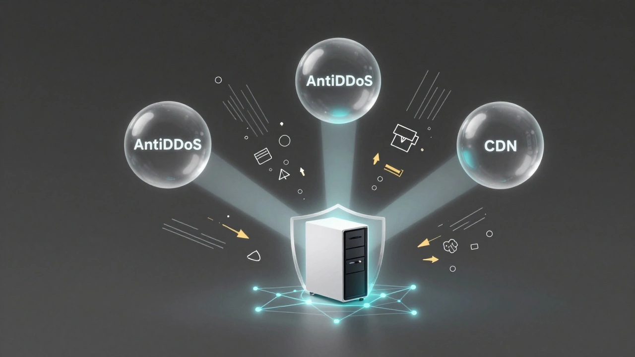 Три защитных компонента — AntiDDoS, WAF и CDN — объединяются в единую защитную оболочку вокруг сервера.