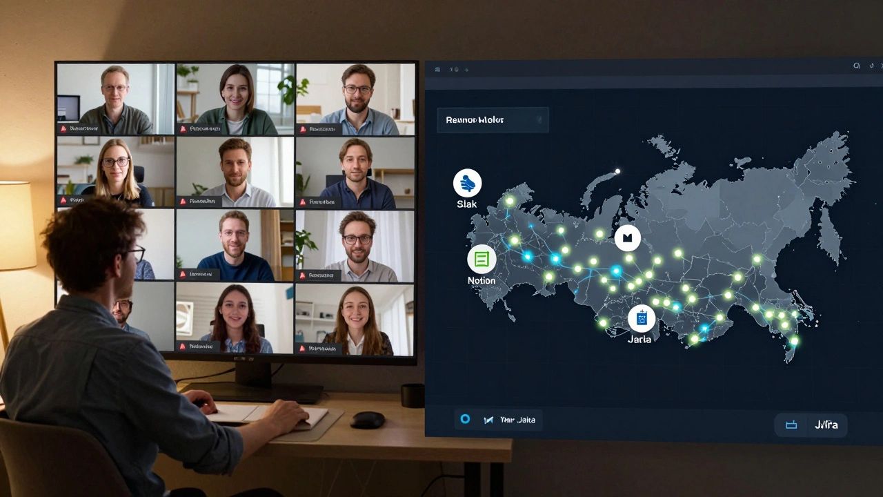 Удаленная команда IT-продукта на видеоконференции, с картой России, показывающей участников из разных городов.