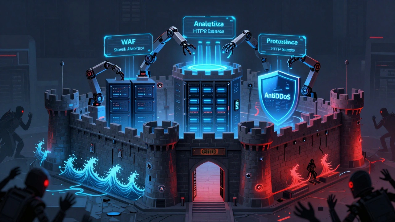 Защитная система из CDN, WAF и AntiDDoS в виде крепости, отражающей многоуровневую кибератаку.