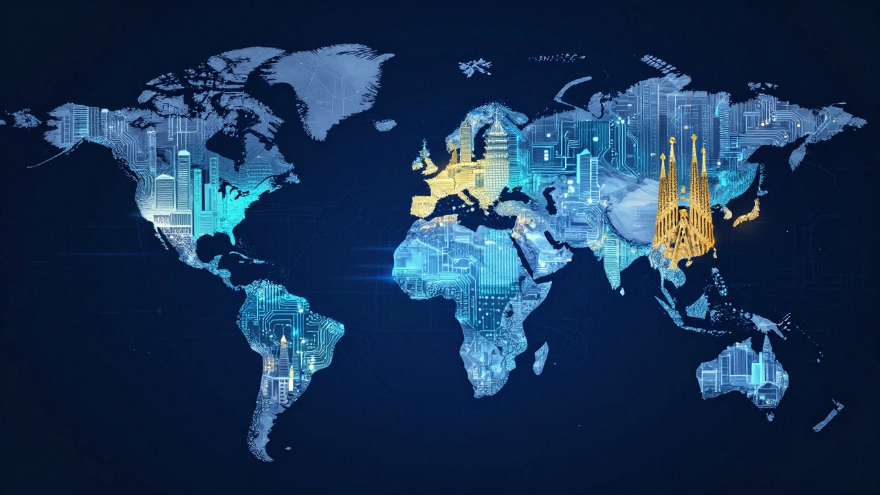 Цифровая карта мира с силуэтами технологических столиц
