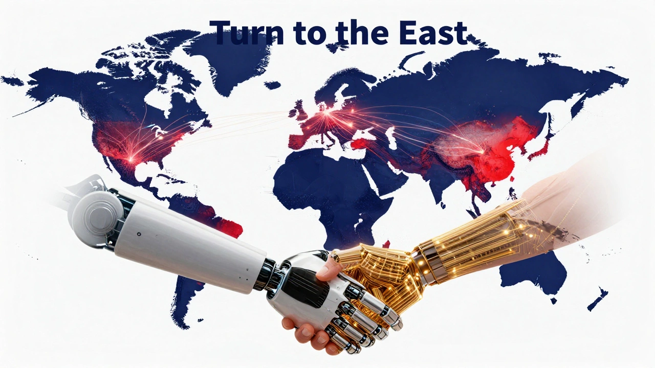 Цифровая карта с сияющими связями, идущими на Восток, и рукопожатием в стиле хай-тек