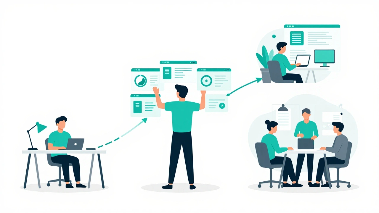 Иллюстрация этапов развития фрилансера от одиночки до владельца агентства