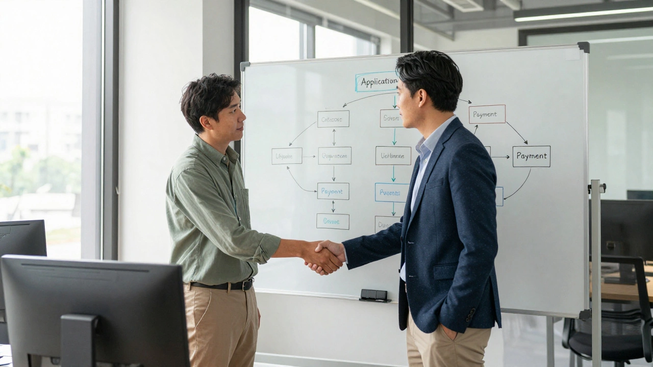ИТ-специалист и руководитель обсуждают схему процесса за белой доской