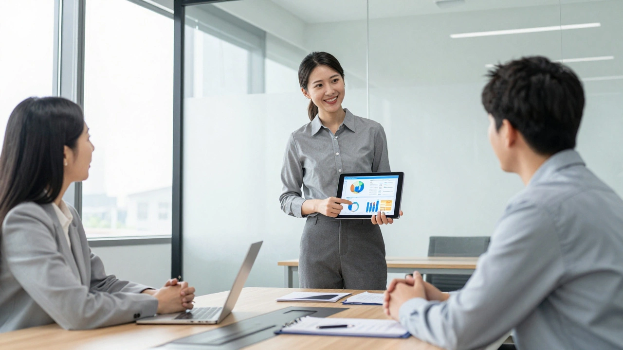 IT-специалист уверенно презентует свои достижения руководителю в современном офисе