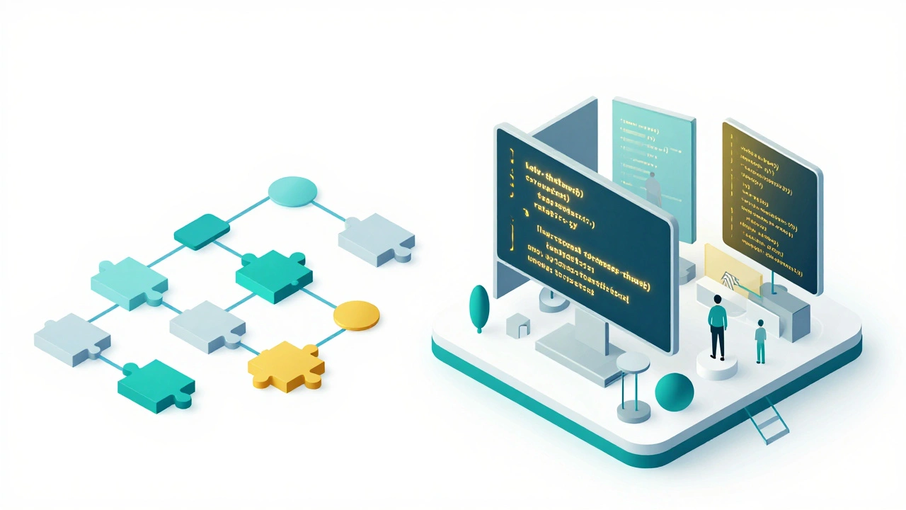 Изометрическая иллюстрация, объединяющая визуальные блоки и фрагменты программного кода