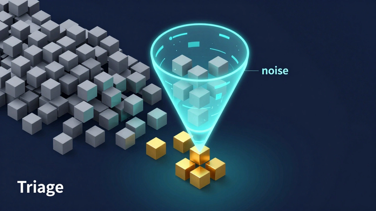 Изометрическая иллюстрация процесса триажа: фильтрация данных в воронку