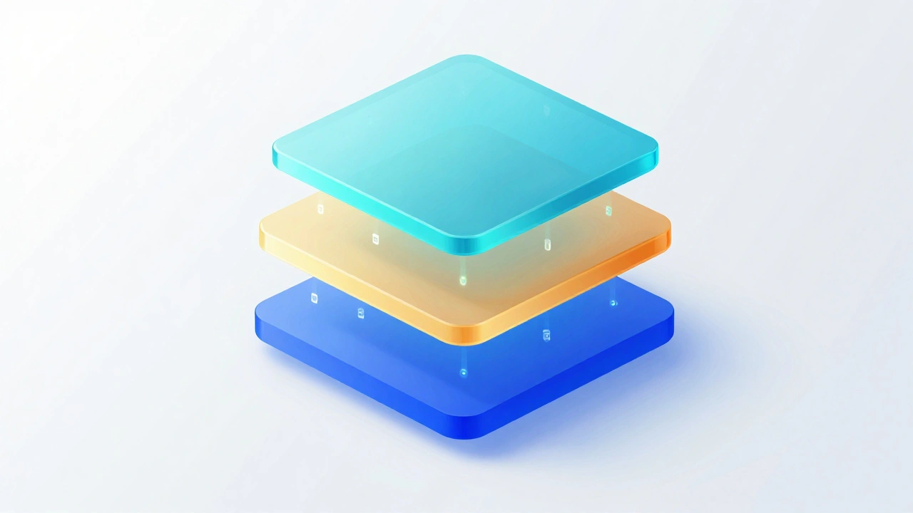Изометрическая иллюстрация слоистой архитектуры в виде светящихся стеклянных уровней
