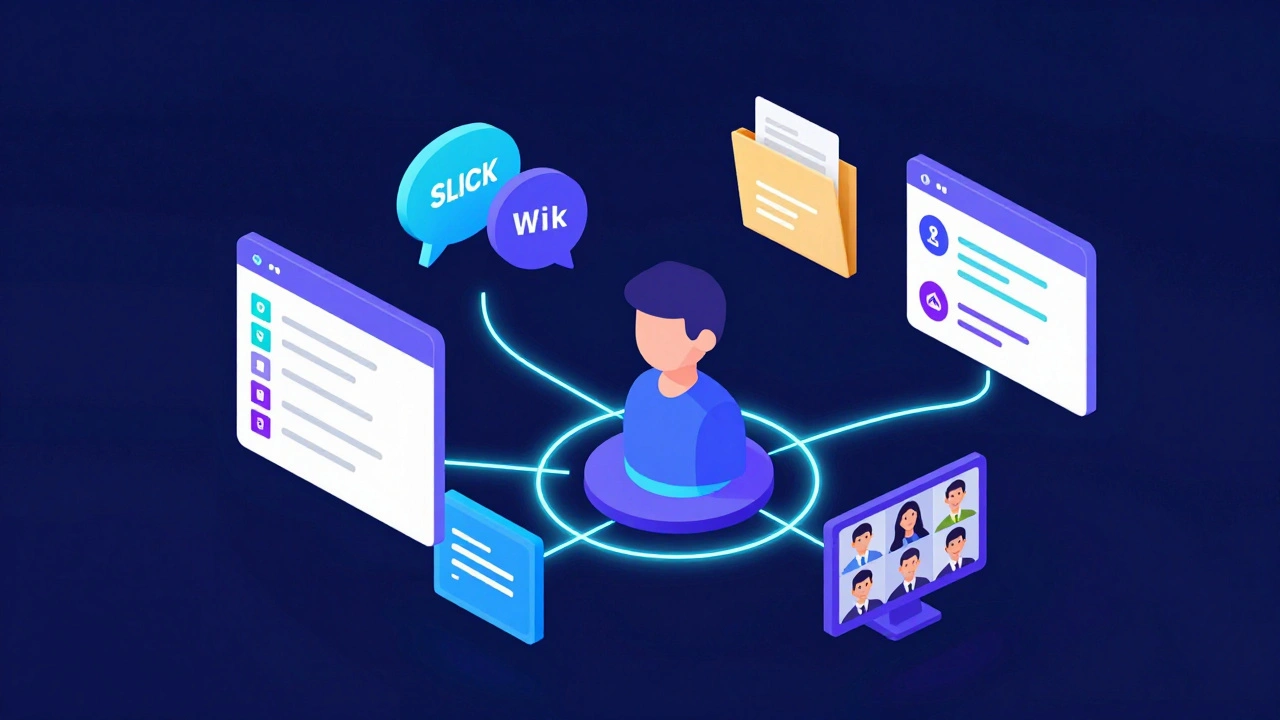 Изометрическая схема цифровых инструментов онбординга: чаты, база знаний и задачи