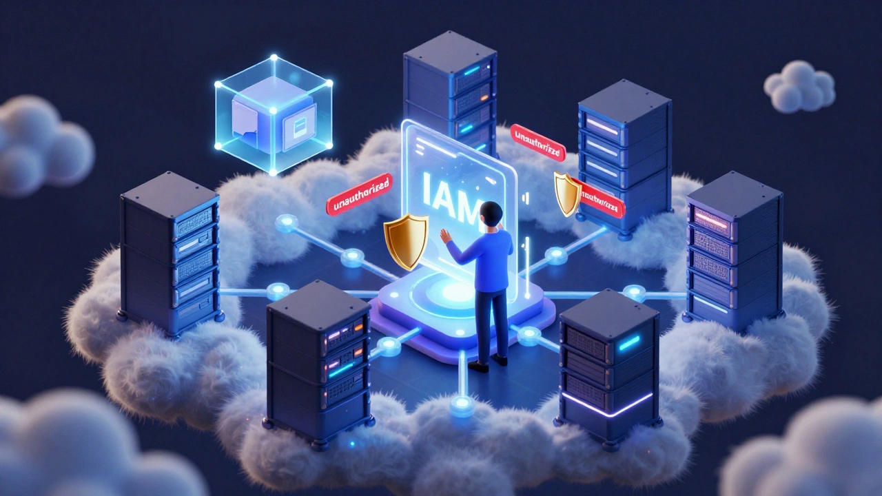 Изометрическая схема облачной инфраструктуры с защитой контейнеров и IAM