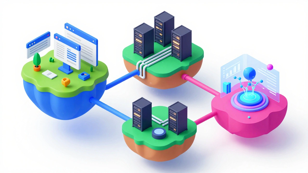Изометрические острова, представляющие разные IT-специализации: фронтенд, бэкенд и анализ данных