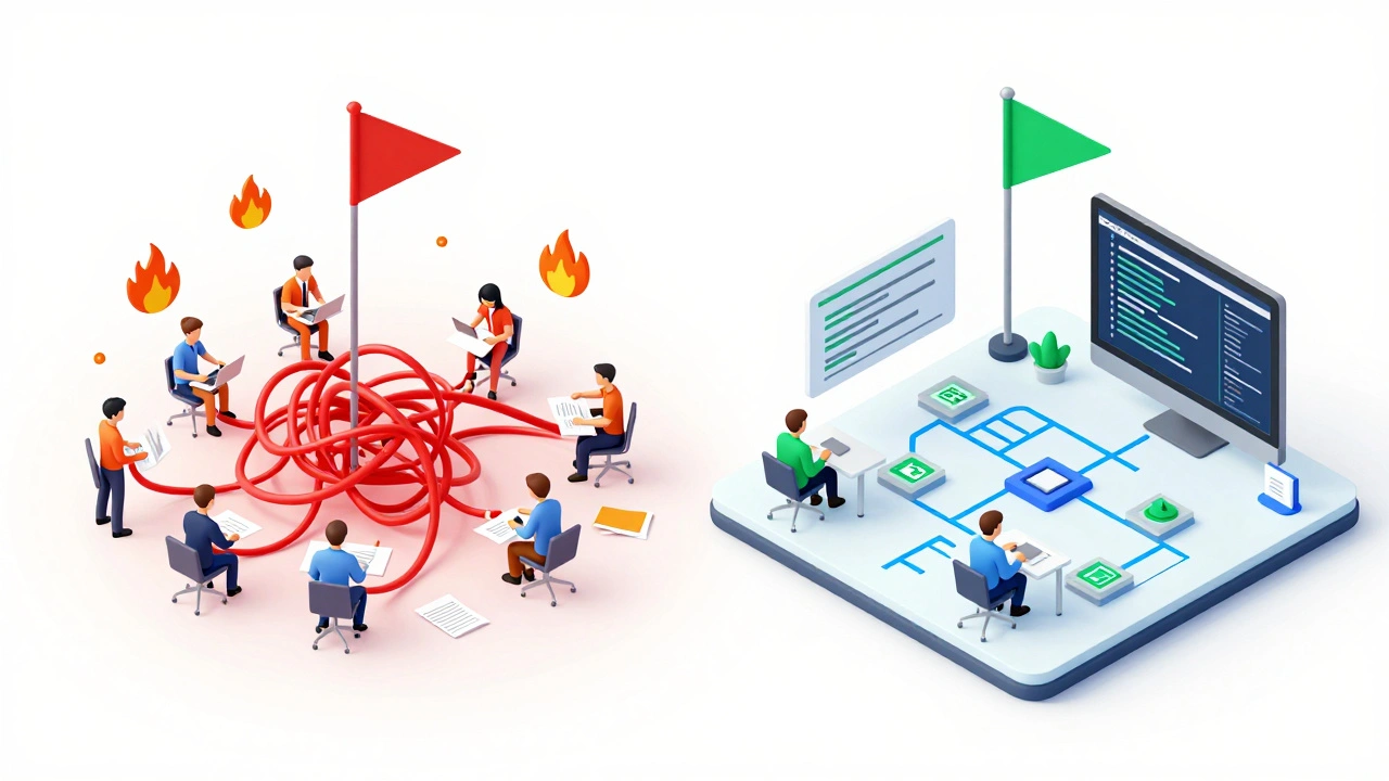 Изометрическое сравнение хаотичного проекта с красными флагами и стабильного с зелеными