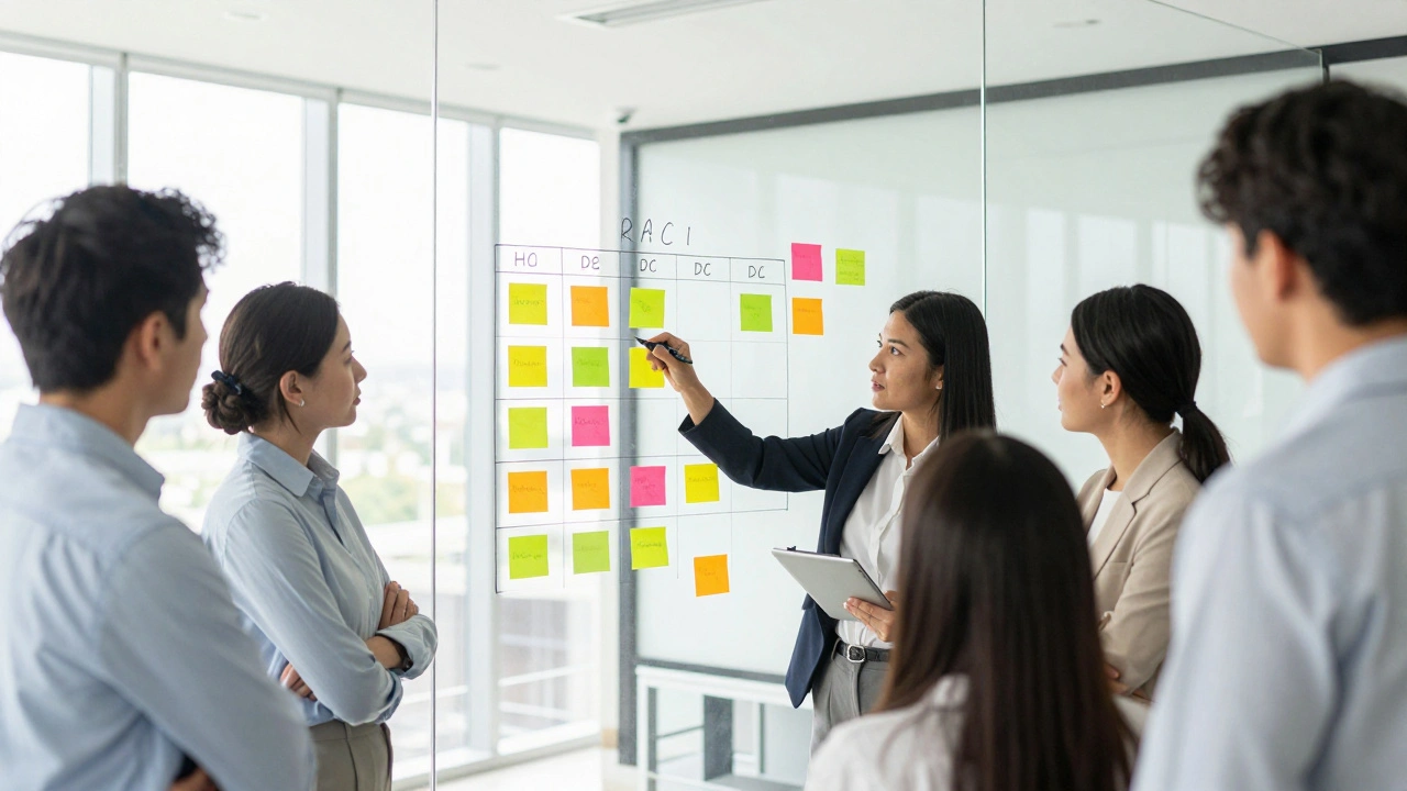 Команда обсуждает распределение ответственности с помощью RACI-матрицы на стекле
