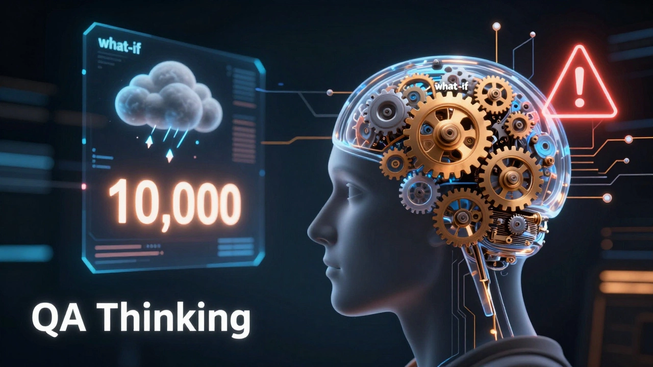 Концептуальное изображение аналитического мышления QA-инженера с техническими схемами