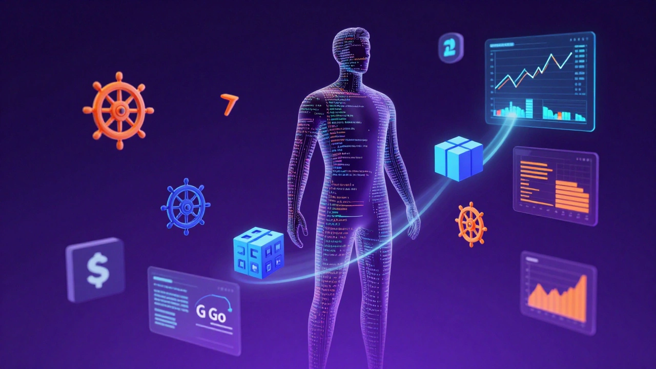 Концептуальный образ DevOps-инженера с голограммами Kubernetes и кодом