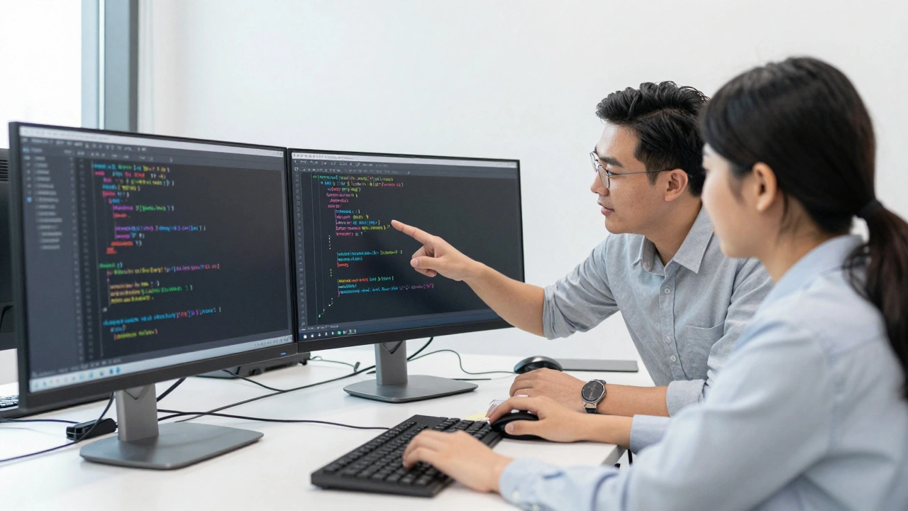 Ментор и студент обсуждают код во время сессии код-ревью в современном офисе