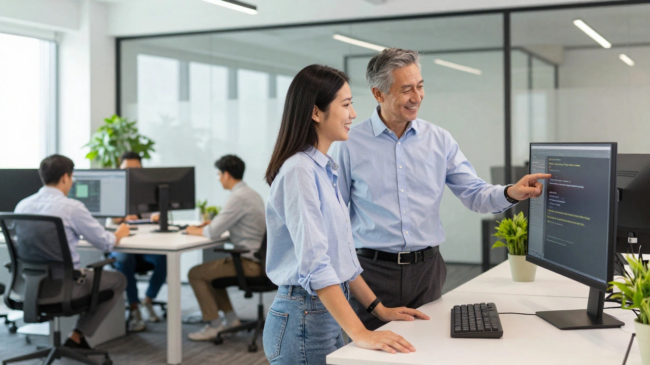 Младший разработчик обсуждает код с ментором в современном светлом офисе IT-компании