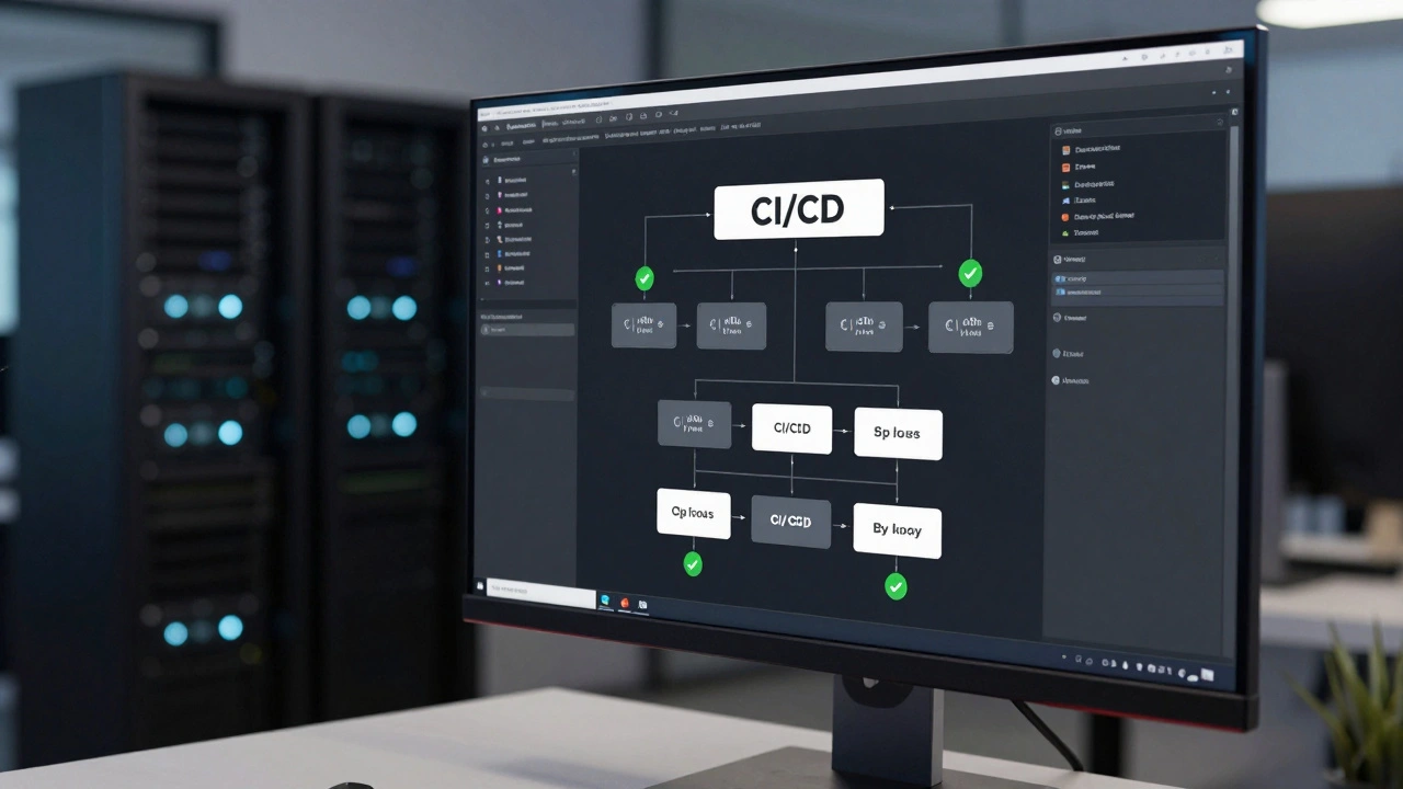 Монитор с визуализацией успешного CI/CD конвейера в современном офисе