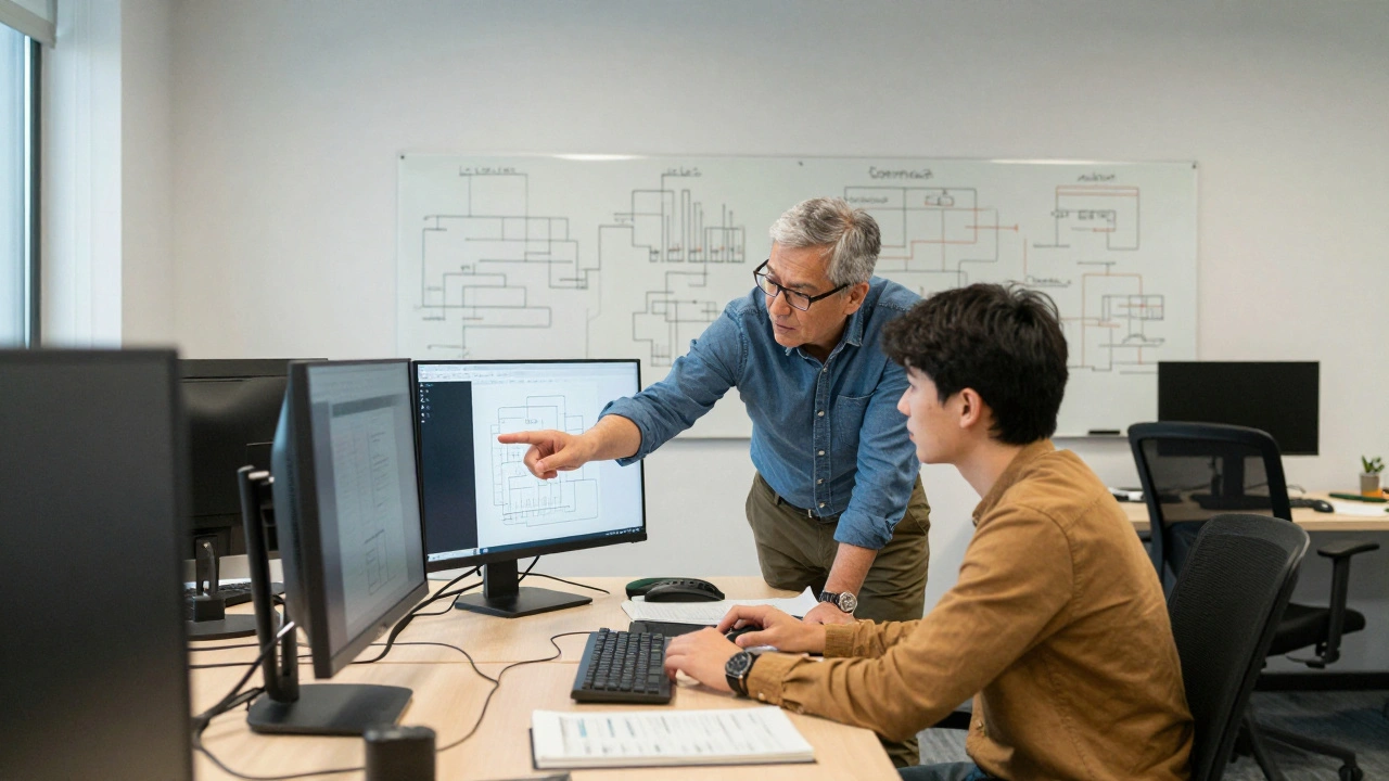 Опытный ментор помогает начинающему специалисту разобраться в коде в офисе