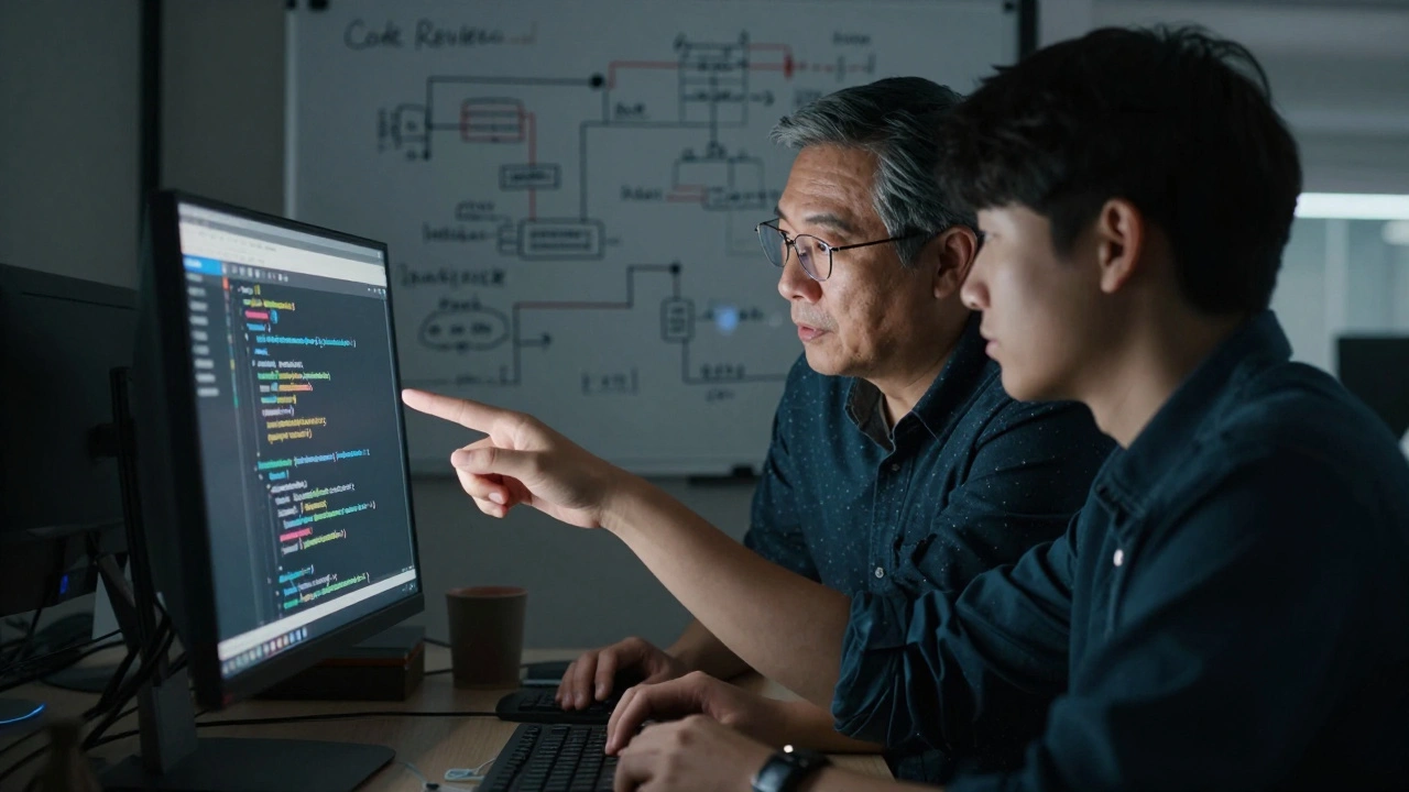Опытный разработчик проводит код-ревью, помогая студенту улучшить проект