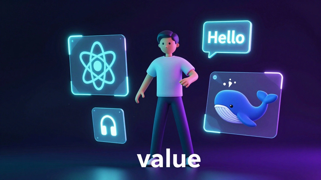 Программист в окружении светящихся иконок React, Docker и английского языка