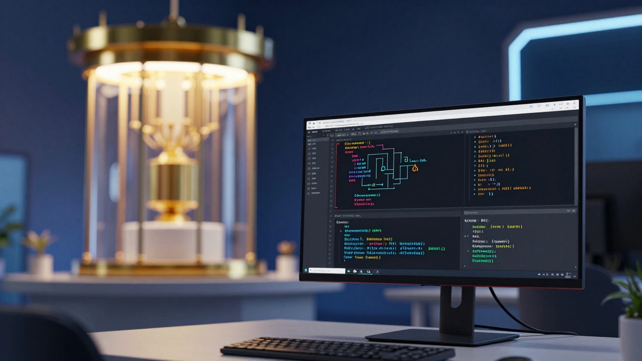 Рабочее место программиста на фоне квантового процессора