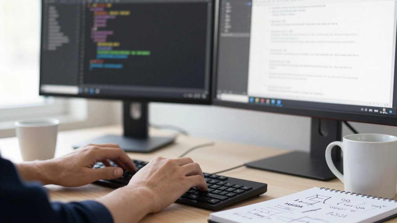 Рабочее место программиста с кодом на экране, заметками и кофе, символизирующее процесс обучения