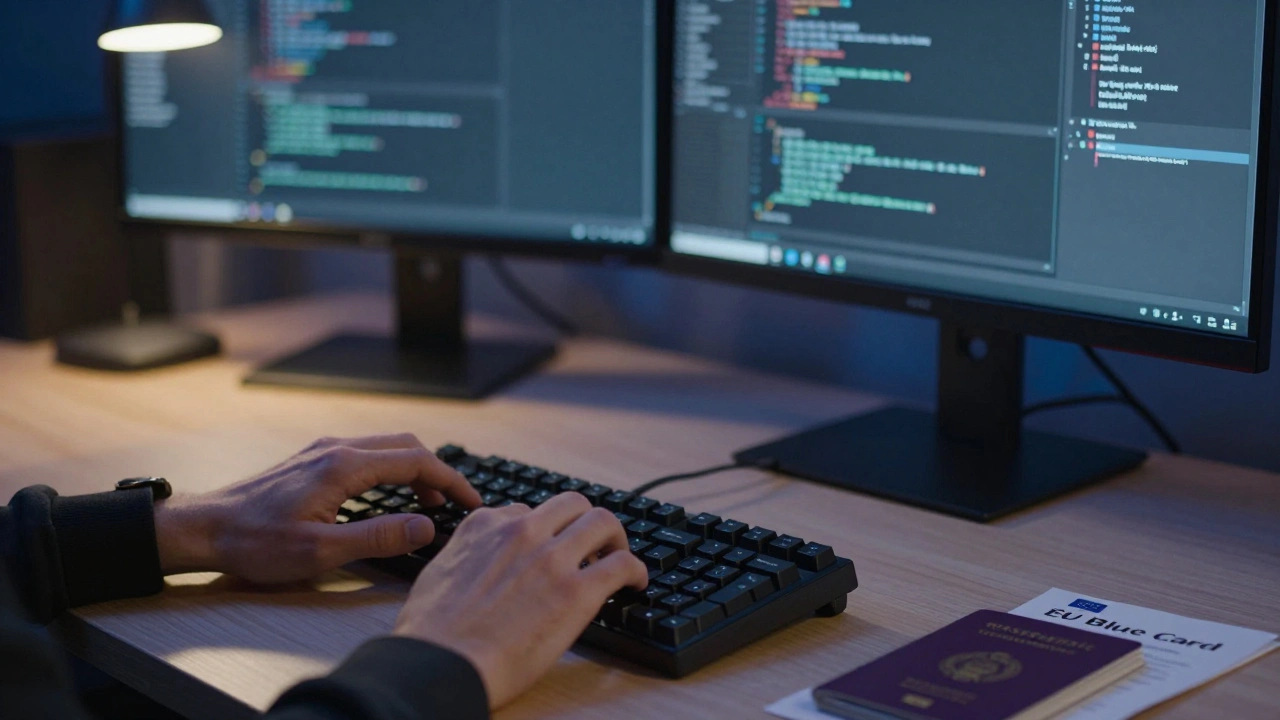 Рабочее место программиста с паспортом и документом Blue Card