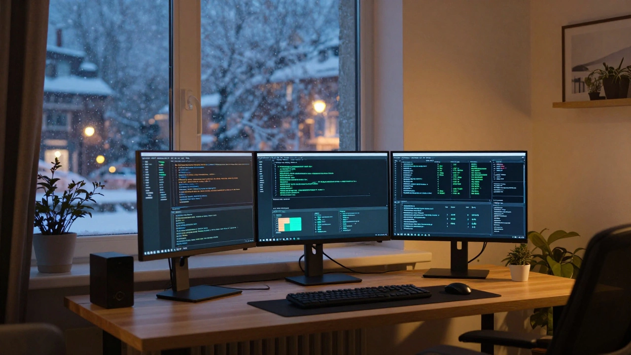 Рабочее место Senior SRE с несколькими мониторами в уютной квартире