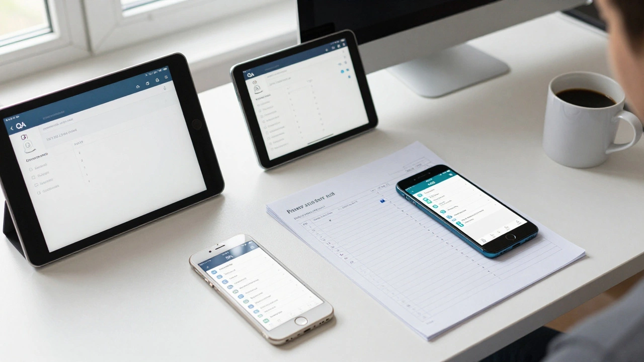 Рабочее место тестировщика с разными моделями смартфонов и чек-листом для проверки