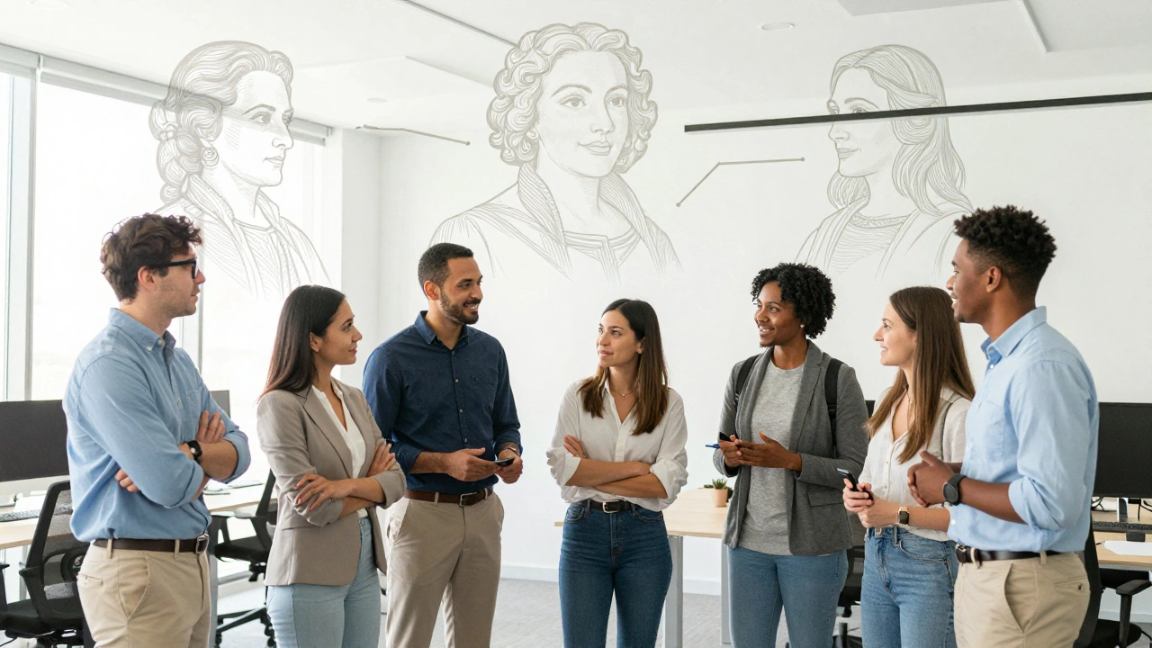 Разнообразная команда специалистов в современном офисе, вдохновленная историческими первопроходцами IT