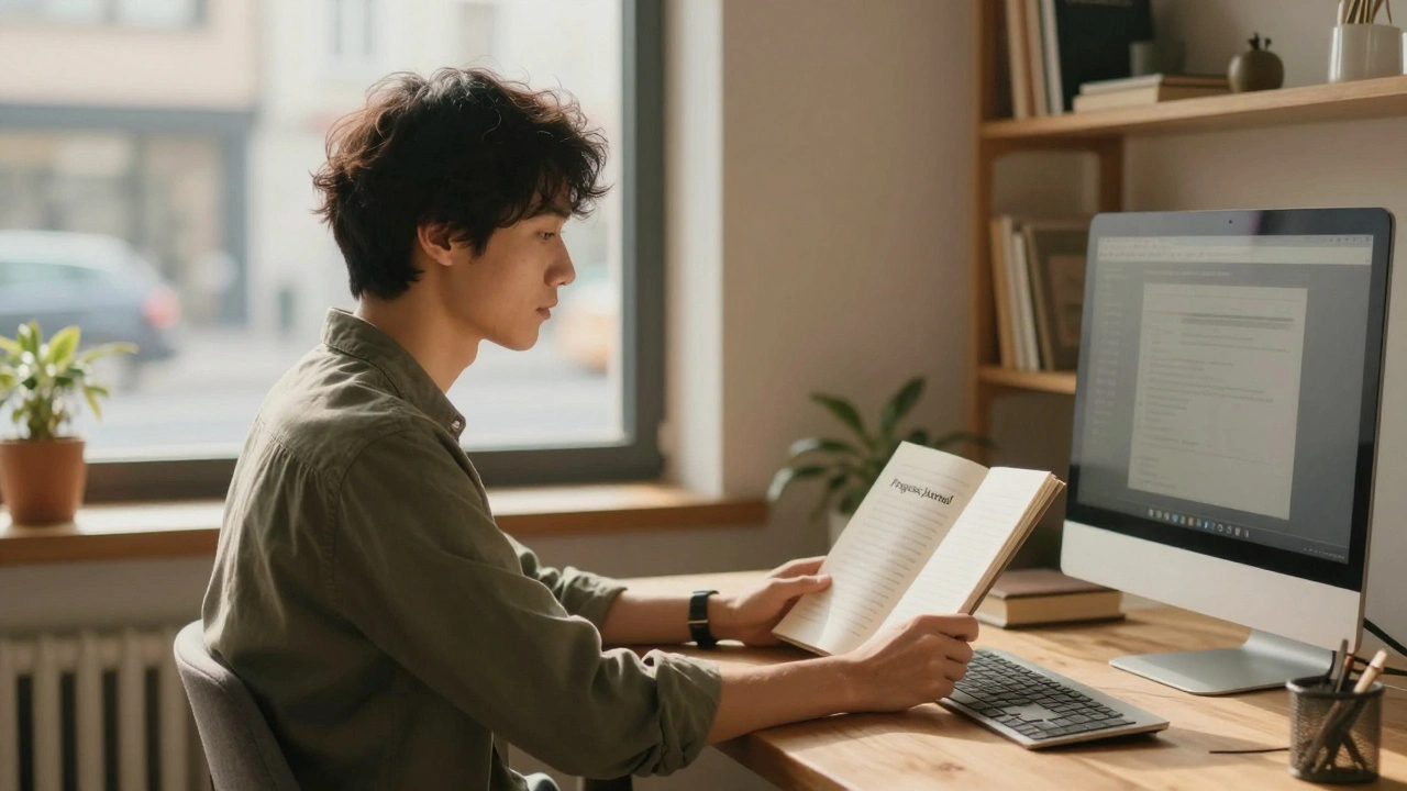 Разработчик изучает свой дневник прогресса в уютной домашней обстановке