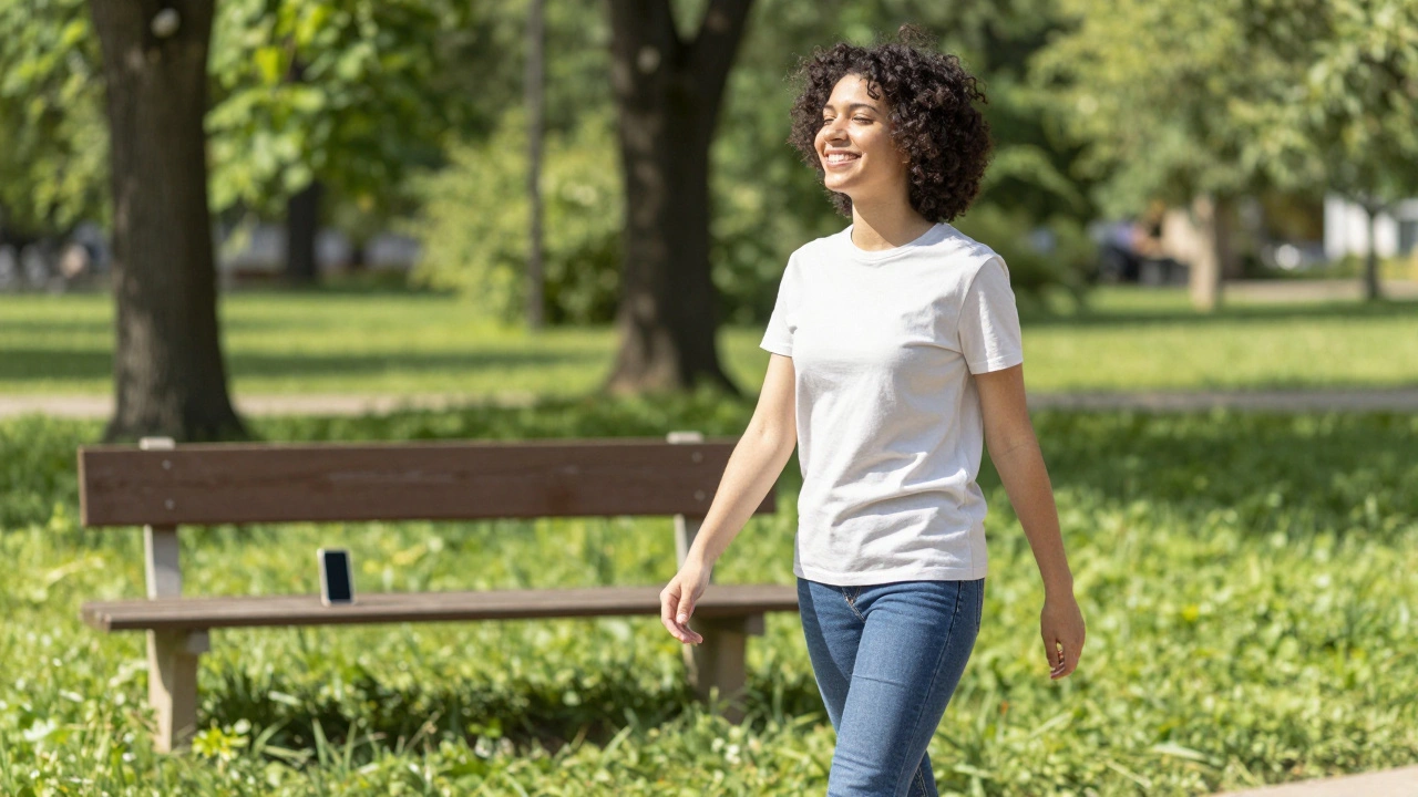 Счастливый человек гуляет в парке, оставив смартфон на скамье