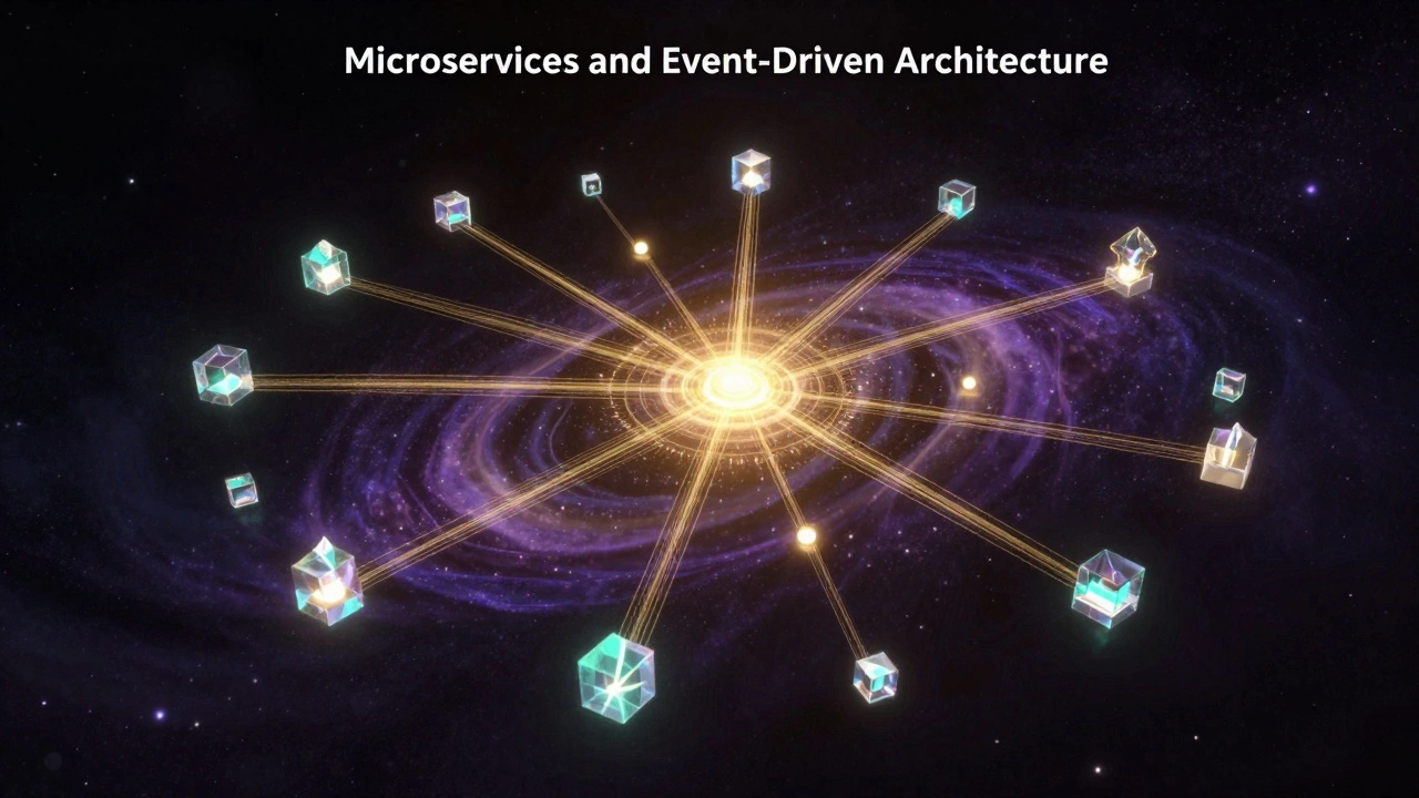 Схема микросервисной архитектуры с потоками золотой энергии между независимыми модулями