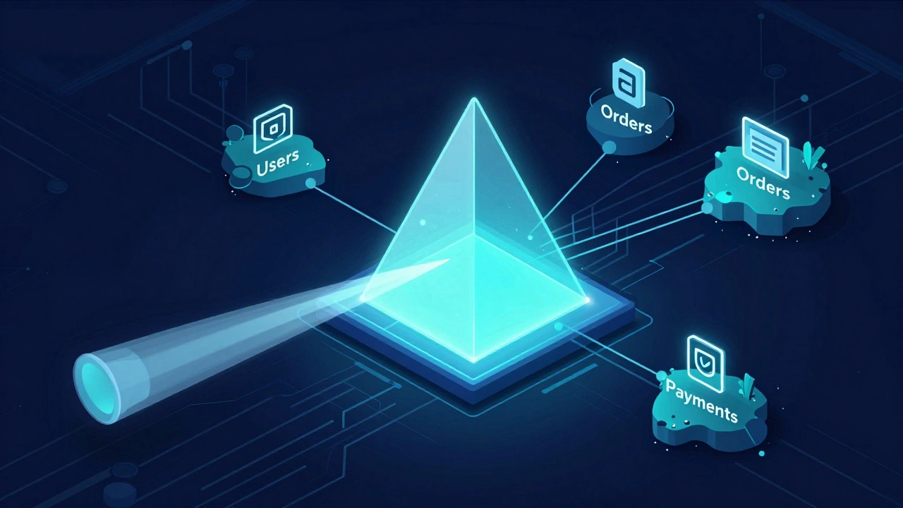 Схематичная иллюстрация GraphQL-шлюза, объединяющего запросы к разным микросервисам