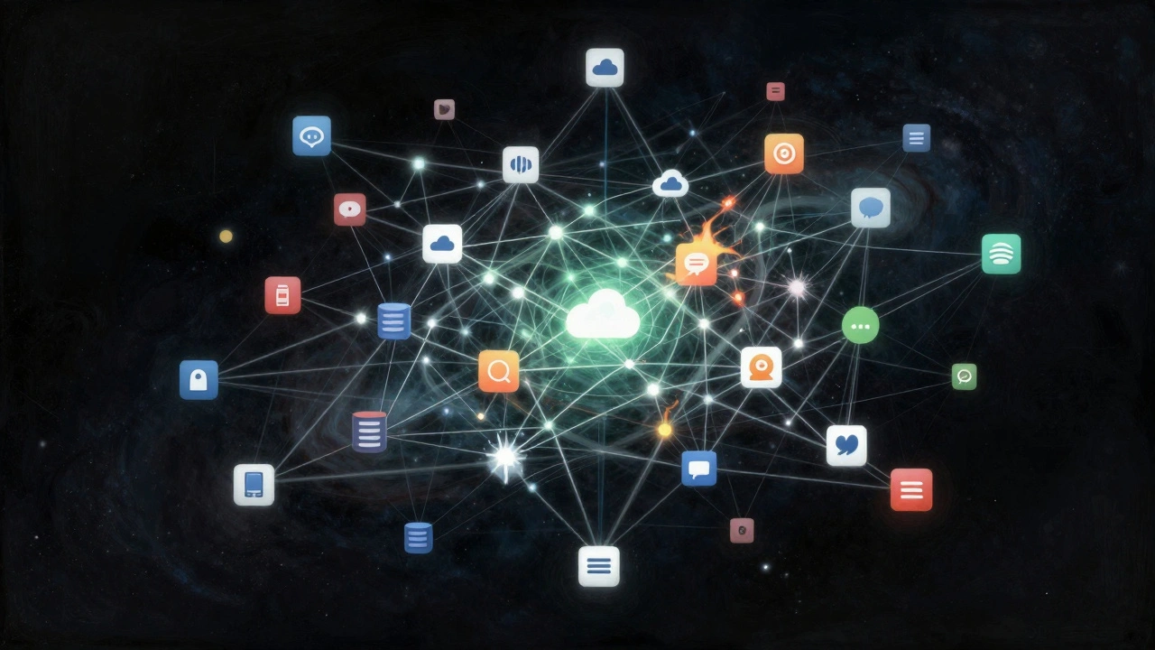 Сложная сеть взаимосвязанных сервисов, символизирующая риски избыточной автоматизации