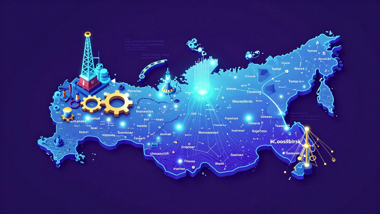 Стилизованная карта России с технологическими центрами в разных регионах